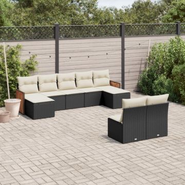 Set mobilier de grădină cu perne, 9 piese, negru, poliratan