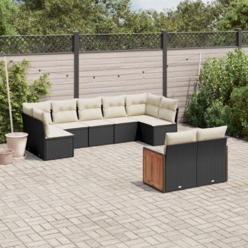 Set mobilier de grădină cu perne, 9 piese, negru, poliratan