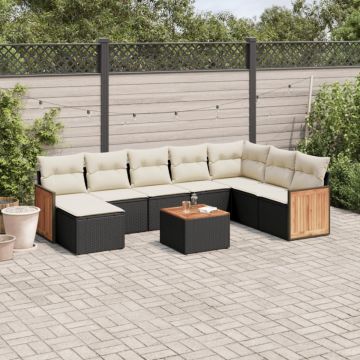 Set mobilier de grădină cu perne, 9 piese, negru, poliratan