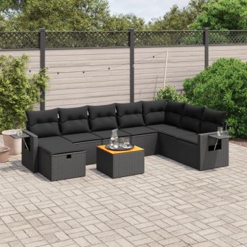 Set mobilier de grădină cu perne, 9 piese, negru, poliratan