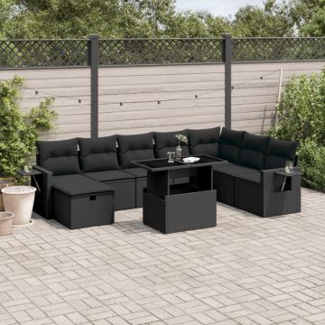 Set mobilier de grădină cu perne, 9 piese, negru, poliratan