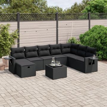 Set mobilier de grădină cu perne, 9 piese, negru, poliratan