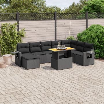 Set mobilier de grădină cu perne, 9 piese, negru, poliratan