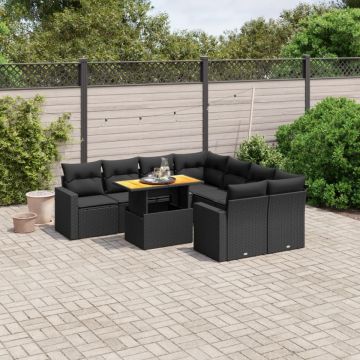 Set mobilier de grădină cu perne, 9 piese, negru, poliratan