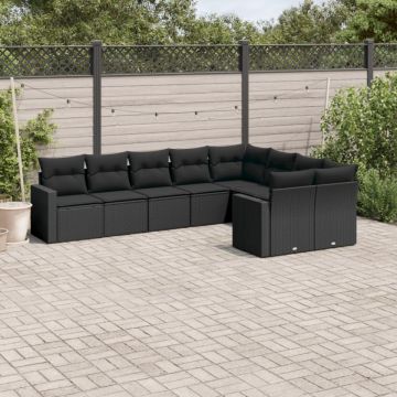 Set mobilier de grădină cu perne, 9 piese, negru, poliratan