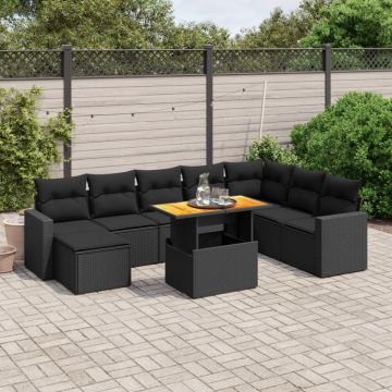 Set mobilier de grădină cu perne, 9 piese, negru, poliratan