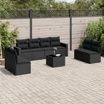 Set mobilier de grădină cu perne, 9 piese, negru, poliratan