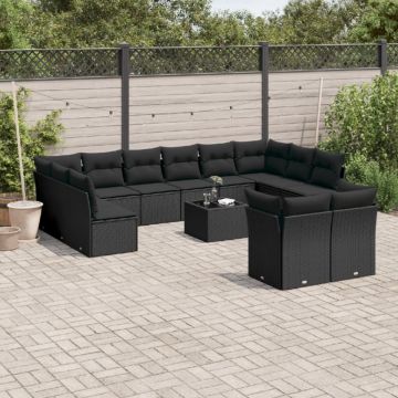 Set mobilier de grădină cu perne, 13 piese, negru, poliratan