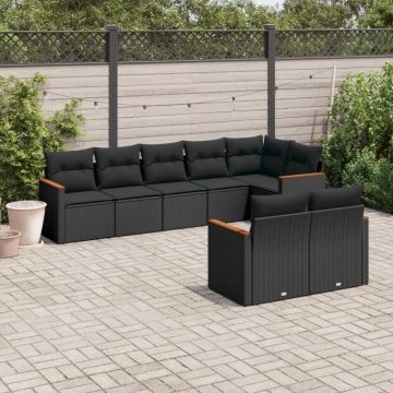 Set mobilier de grădină cu perne, 8 piese, negru, poliratan