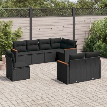 Set mobilier de grădină cu perne, 8 piese, negru, poliratan