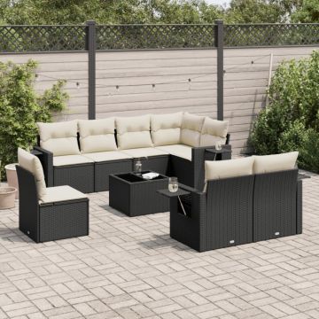 Set mobilier de grădină cu perne, 9 piese, negru, poliratan