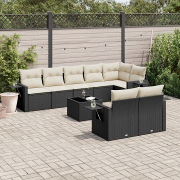 Set mobilier de grădină cu perne, 9 piese, negru, poliratan