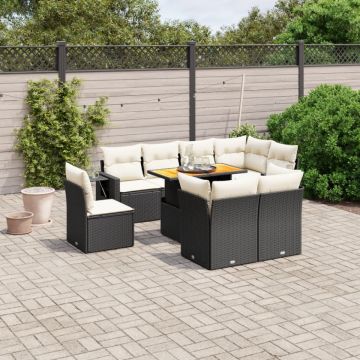 Set mobilier de grădină cu perne, 9 piese, negru, poliratan