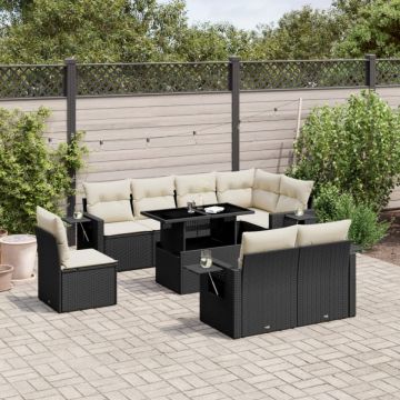 Set mobilier de grădină cu perne, 9 piese, negru, poliratan