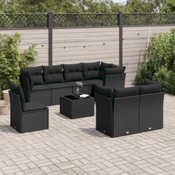 Set mobilier de grădină cu perne, 9 piese, negru, poliratan