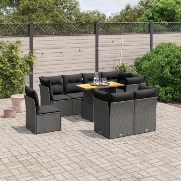 Set mobilier de grădină cu perne, 9 piese, negru, poliratan