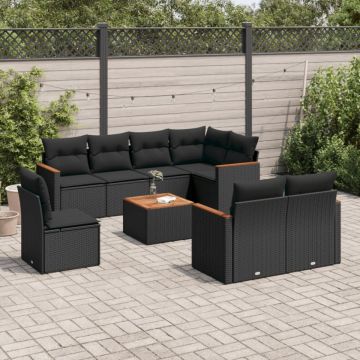 Set mobilier de grădină cu perne, 9 piese, negru, poliratan