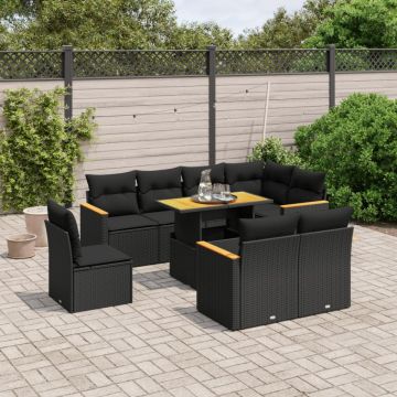 Set mobilier de grădină cu perne, 9 piese, negru, poliratan