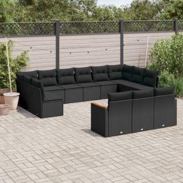 Set mobilier de grădină cu perne, 13 piese, negru, poliratan