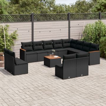 Set mobilier de grădină cu perne, 13 piese, negru, poliratan