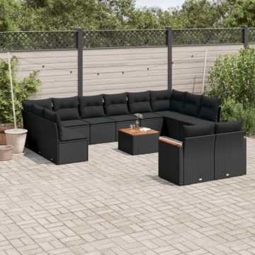 Set mobilier de grădină cu perne, 13 piese, negru, poliratan