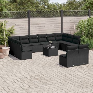 Set mobilier de grădină cu perne, 13 piese, negru, poliratan