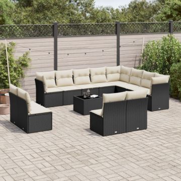 Set mobilier de grădină cu perne, 13 piese, negru, poliratan