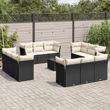 Set mobilier de grădină cu perne, 13 piese, negru, poliratan