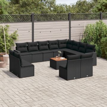 Set mobilier de grădină cu perne, 13 piese, negru, poliratan