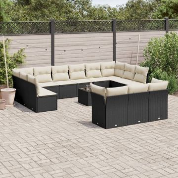 Set mobilier de grădină cu perne, 14 piese, negru, poliratan