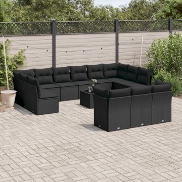 Set mobilier de grădină cu perne, 14 piese, negru, poliratan