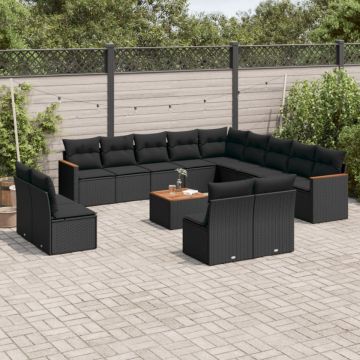 Set mobilier de grădină cu perne, 14 piese, negru, poliratan