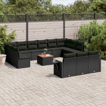 Set mobilier de grădină cu perne, 14 piese, negru, poliratan