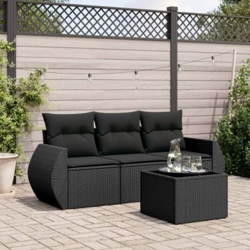 Set mobilier de grădină cu perne, 4 piese, negru, poliratan