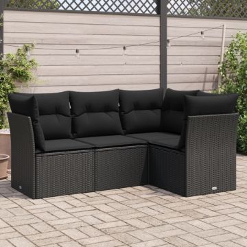 Set mobilier de grădină cu perne, 4 piese, negru, poliratan