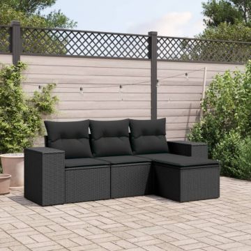 Set mobilier de grădină cu perne, 4 piese, negru, poliratan