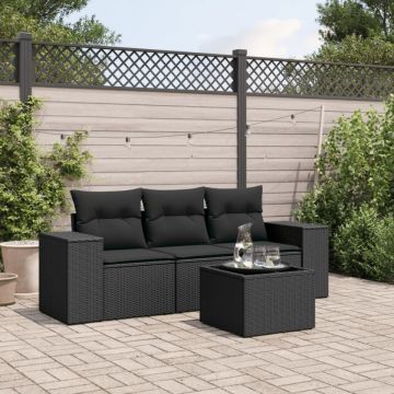 Set mobilier de grădină cu perne, 4 piese, negru, poliratan