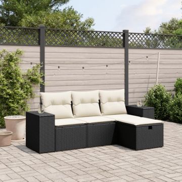 Set mobilier de grădină cu perne, 4 piese, negru, poliratan