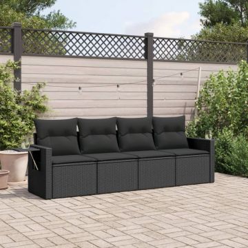 Set mobilier de grădină cu perne, 4 piese, negru, poliratan