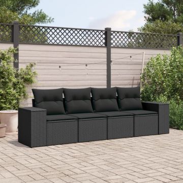 Set mobilier de grădină cu perne, 4 piese, negru, poliratan