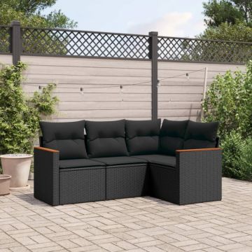 Set mobilier de grădină cu perne, 4 piese, negru, poliratan