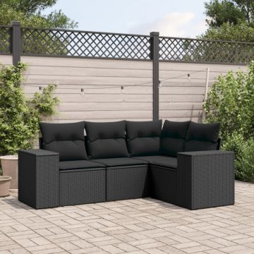 Set mobilier de grădină cu perne, 4 piese, negru, poliratan