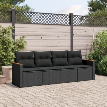 Set mobilier de grădină cu perne, 4 piese, negru, poliratan