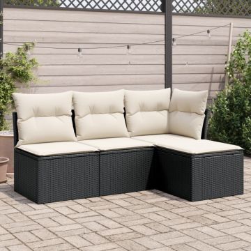 Set mobilier de grădină cu perne, 4 piese, negru, poliratan