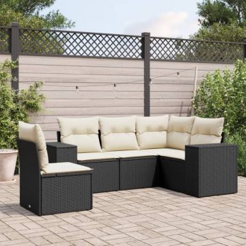 Set mobilier de grădină cu perne, 5 piese, negru, poliratan