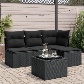 Set mobilier de grădină cu perne, 5 piese, negru, poliratan