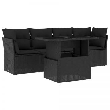 Set mobilier de grădină cu perne, 5 piese, negru, poliratan