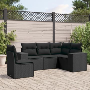 Set mobilier de grădină cu perne, 5 piese, negru, poliratan