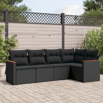 Set mobilier de grădină cu perne, 5 piese, negru, poliratan