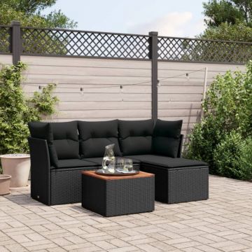 Set mobilier de grădină cu perne, 5 piese, negru, poliratan